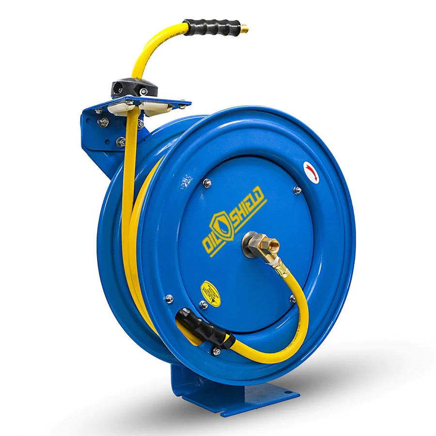OilShield Auto Rewind Air Hose Reel Heavy Duty 10mm x 15 mtr with Coupler & Snap on Plug, 20BAR/300PSI