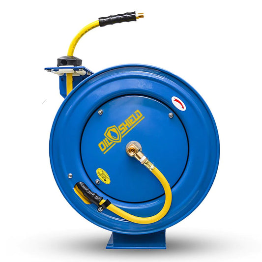 OilShield Auto Rewind Air Hose Reel Heavy Duty 10mm x 15 mtr with Coupler & Snap on Plug, 20BAR/300PSI