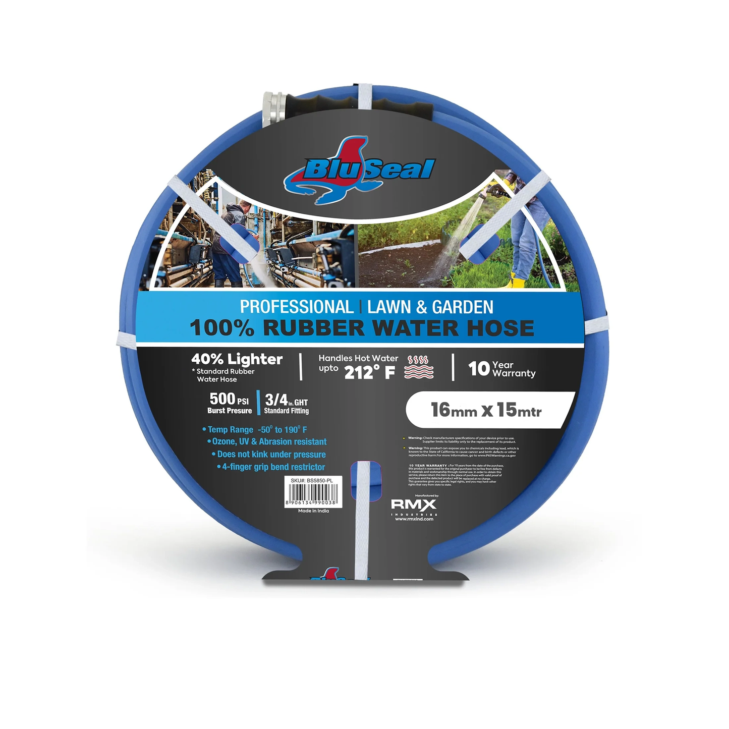 BluSeal Rubber Water Hose 16 mm x 15 mtr, Handles Hot & Cold Water, 40% Lighter